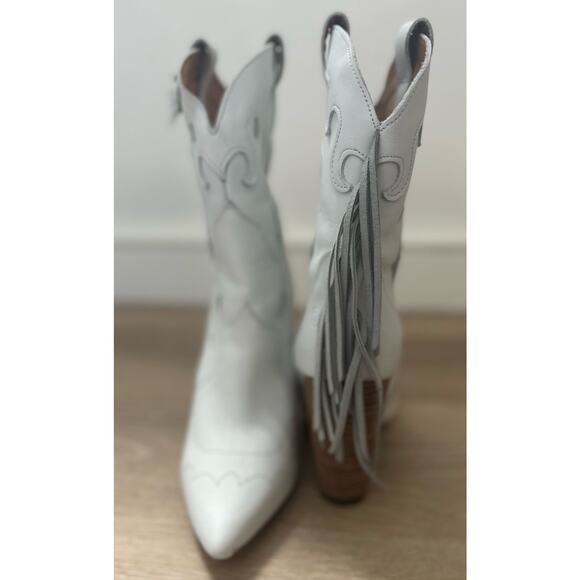 Dingo|Lady's Night Fringe Leather Boots|Stacked Heel|White|NWT|SZ 10 - Picture 4 of 9